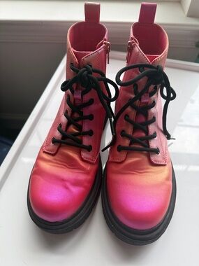 Girls Pink Iridescent Combat Boots Lace Up